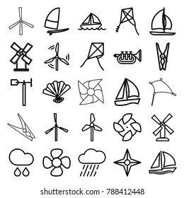 Wind icons. set of 25 editable outline wind icons such as mill, cloth pin, fan, dandelion, sailboat, rain, weather vane, trumpet, boat, windsurfing, kite