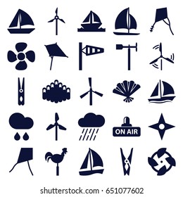 Wind icons set. set of 25 wind filled icons such as mill, wind cone, kite, cloth pin, sailboat, rain, weather vane, fan, open air, harmonica, boat, compass