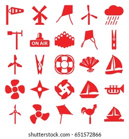 Wind icons set. set of 25 wind filled icons such as mill, wind cone, kite, cloth pin, sailboat, rain, weather vane, fan, open air, harmonica, trumpet, boat, compass