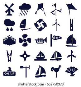 Wind icons set. set of 25 wind filled icons such as wind cone, mill, kite, cloth pin, rain, weather vane, fan, open air, harmonica, trumpet, boat, sailboat, windsurfing