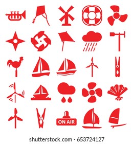 Wind icons set. set of 25 wind filled icons such as mill, kite, cloth pin, rain, weather vane, fan, open air, trumpet, boat, sailboat, windsurfing