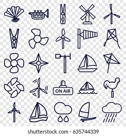 Wind icons set. set of 25 wind outline icons such as wind cone, mill, kite, cloth pin, rain, weather vane, fan, open air, trumpet, boat, compass, windsurfing