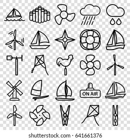 Wind icons set. set of 25 wind outline icons such as mill, cloth pin, rain, weather vane, fan, open air, harmonica, boat, sailboat, kite, compass, windsurfing
