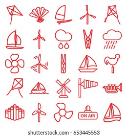 Wind icons set. set of 25 wind outline icons such as wind cone, mill, kite, cloth pin, rain, weather vane, fan, open air, harmonica, trumpet, boat, sailboat, windsurfing