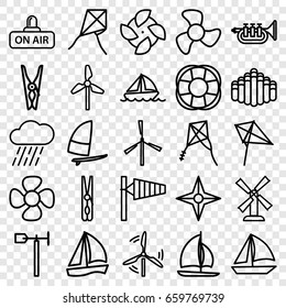 Wind icons set. set of 25 wind outline icons such as wind cone, mill, kite, cloth pin, rain, weather vane, fan, open air, harmonica, trumpet, boat, compass, sailboat