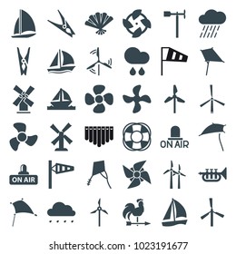 Wind icons. set of 36 editable filled wind icons such as mill, wind cone, kite, cloth pin, fan, sailboat, rain, weather vane, open air, trumpet, boat, dandelion
