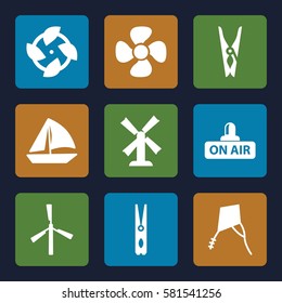 wind icons set. Set of 9 wind filled icons such as mill, cloth pin, sailboat, fan, open air