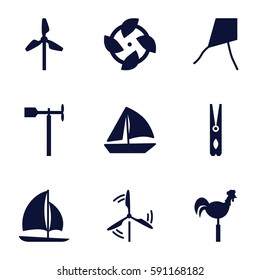 wind icons set. Set of 9 wind filled icons such as cloth pin, sailboat, weather vane, mill, fan
