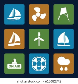 Wind icons set. set of 9 wind filled icons such as fan, open air, rain, sailboat, kite