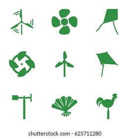 Wind icons set. set of 9 wind filled icons such as kite, weather vane, fan, mill