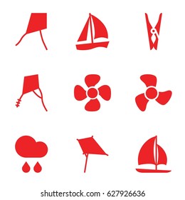 Wind icons set. set of 9 wind filled icons such as kite, cloth pin, fan, rain, sailboat