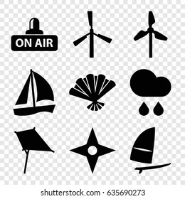 Wind icons set. set of 9 wind filled icons such as mill, kite, open air, fan, rain, windsurfing, compass