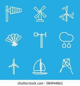 wind icons set. Set of 9 wind outline icons such as wind cone, mill, weather vane, fan, rain, kite