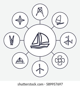 wind icons set. Set of 9 wind outline icons such as mill, cloth pin, fan, boat, sailboat, kite, compass