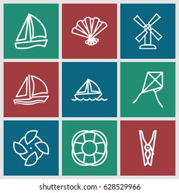 Wind icons set. set of 9 wind outline icons such as mill, cloth pin, fan, boat, sailboat