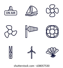 Wind icons set. set of 9 wind outline icons such as wind cone, cloth pin, fan, open air, sailboat