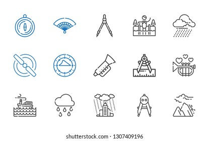 wind icons set. Collection of wind with avalanche, compass, rain, raining, storm, trumpet, propeller, cold water, fan. Editable and scalable wind icons.
