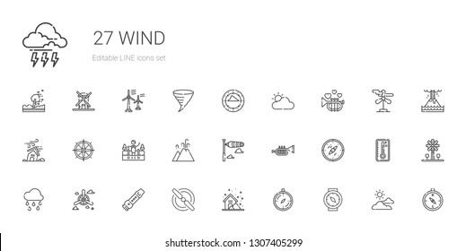 wind icons set. Collection of wind with compass, storm, propeller, flute, raining, trumpet, windsock, eruption, cold water, hurricane, cloudy. Editable and scalable wind icons.