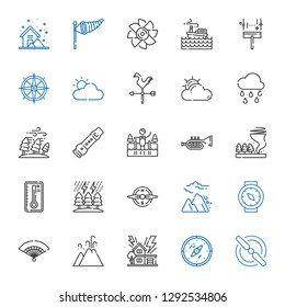 wind icons set. Collection of wind with propeller, compass, storm, eruption, fan, avalanche, temperature, tornado, trumpet, cold water, flute. Editable and scalable wind icons.
