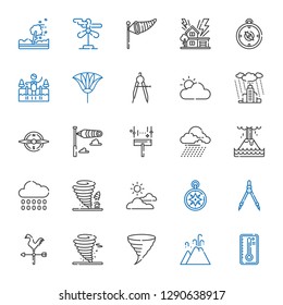 wind icons set. Collection of wind with temperature, eruption, tornado, weathercock, compass, wind rose, cloudy, rain, storm, wiper, windsock. Editable and scalable icons.