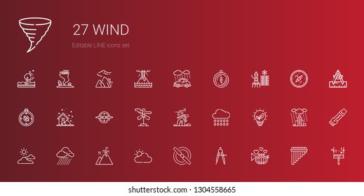 wind icons set. Collection of wind with trumpet, compass, propeller, cloudy, eruption, storm, renewable energy, rain, hurricane, wind turbine. Editable and scalable icons.