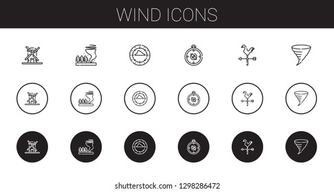 wind icons set. Collection of wind with windmill, tornado, compass, weathercock. Editable and scalable wind icons.