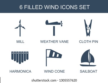 wind icons. Trendy 6 wind icons. Contain icons such as mill, weather vane, cloth pin, harmonica, wind cone, sailboat. icon for web and mobile.