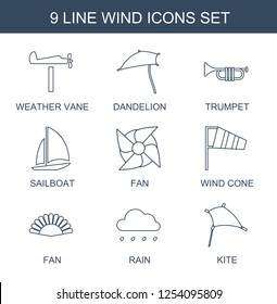 wind icons. Trendy 9 wind icons. Contain icons such as weather vane, dandelion, trumpet, sailboat, fan, wind cone, rain, kite. wind icon for web and mobile.