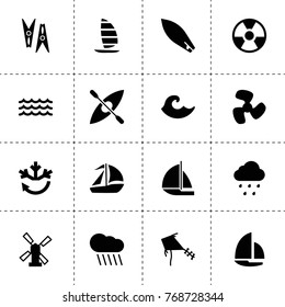 Wind icons. vector collection filled wind icons. includes symbols such as rain, windmill, fan, air conditioning, clothes peg, sail boat. use for web, mobile and ui design.