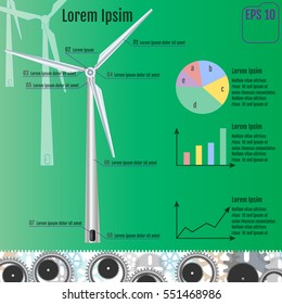 Wind infographics. Windmills as resource to generate energy. Meteorology windsock inflated by wind. Vector illustration of ecology 
