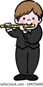 Wind instrument, boy playing flute