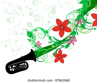 Wind instrument with Floral border for design use. Vector illustration.