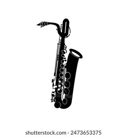 wind instrument logo illustration, baritone saxophone silhouette suitable for music stores and communities