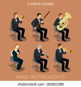 Wind instrument musicians flat 3d web isometric infographic concept vector. Creative people playing classic instruments scene theater opera concert. Trombone fife flute trumpet tube pipe clarinet.