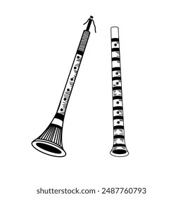 Wind instruments. Pipes and flutes hand-drawn in black vector. Folk musical instruments. Suitable for printing on cards, invitations, posters. International Music Day.