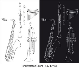 Wind instruments set isolated on white or black