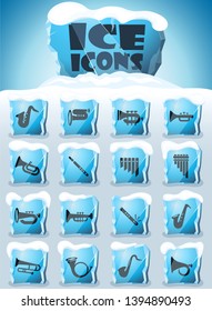 wind instruments vector icons frozen in transparent blocks of ice