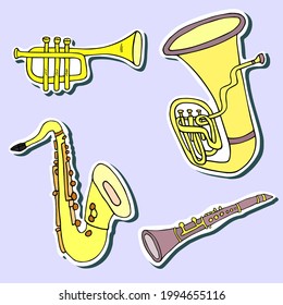 Wind instruments vector sticker pack. Saxophone, clarinet, trumpet, tube hand-drawn clip art sketch collection.