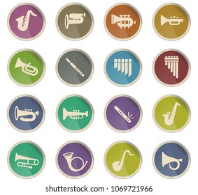 wind instruments web icons in the form of round paper labels