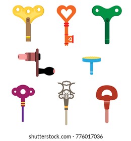 wind up key set cartoon isolated simple vector flat design style icon on white background or old toys isolated on white.