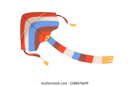 Wind kite flying, floating in air. Paper tethered toy design. Kids entertainment striped colorful object with wings, chord tail. Flat vector illustration isolated on white background.