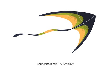 Wind kite flying, floating in air. Kids paper tethered toy with tail and wings in flight. Childish striped object for playing. Flat vector illustration isolated on white background