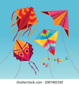 Wind kites background composition with view of two colorful kites flying in sky with strings tails vector illustration