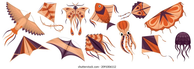 Wind kites big cartoon set of butterfly fish and octopus kite shape and design isolated vector illustration