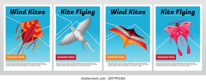 Wind kites poster set with four isolated vertical compositions of editable text and images of kites vector illustration