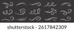 Wind line air swirl vector icon on chalkboard. Hand drawn doodle wind motion, air blow, swirl doodle elements. Sketch drawn air blow motion, smoke flow wave, abstract line. Vector illustration