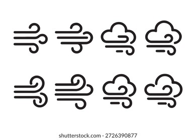 Conjunto de doodle da linha de vento. Mão azul puxado vento redemoinho e rajadas. Símbolos decorativos de brisa para projetos climáticos, naturais e climáticos.