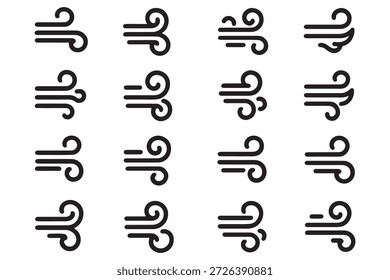 Juego de doodle de línea de viento. Remolinos de viento dibujados a mano azul y ráfagas. Símbolos de brisa decorativos para diseños de Clima, naturaleza y clima.