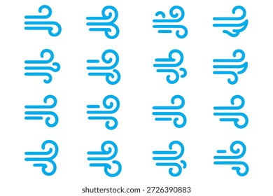 Juego de doodle de línea de viento. Remolinos de viento dibujados a mano azul y ráfagas. Símbolos de brisa decorativos para diseños de Clima, naturaleza y clima.