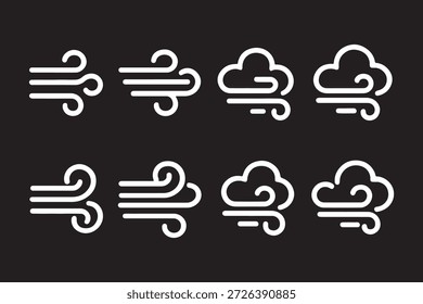 Conjunto de doodle da linha de vento. Mão azul puxado vento redemoinho e rajadas. Símbolos decorativos de brisa para projetos climáticos, naturais e climáticos.